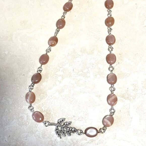 Peach Moonstone Adjustable Choker, Leaf Branch Pendant + Genuine Gemstone - Picture 8 of 16